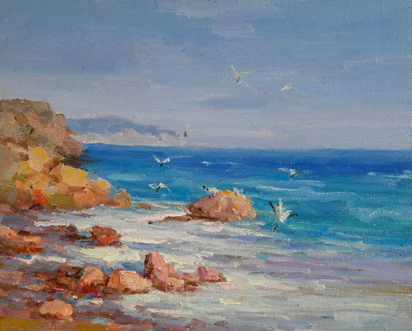 Modern Coastal Original Oil Painting, gold antiqued frame