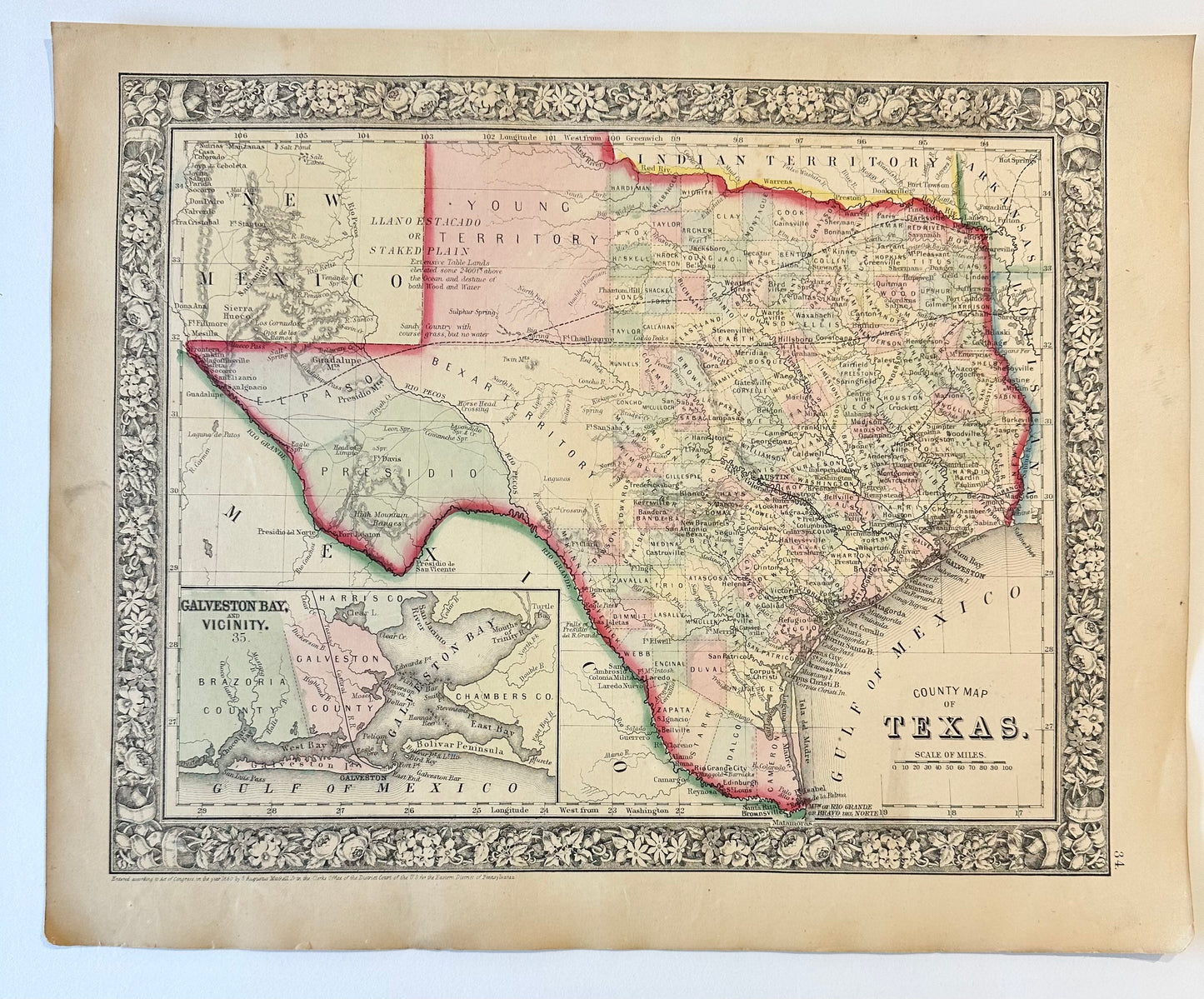 Texas & Galveston Bay Original Engraving by Samuel Mitchell, 1863