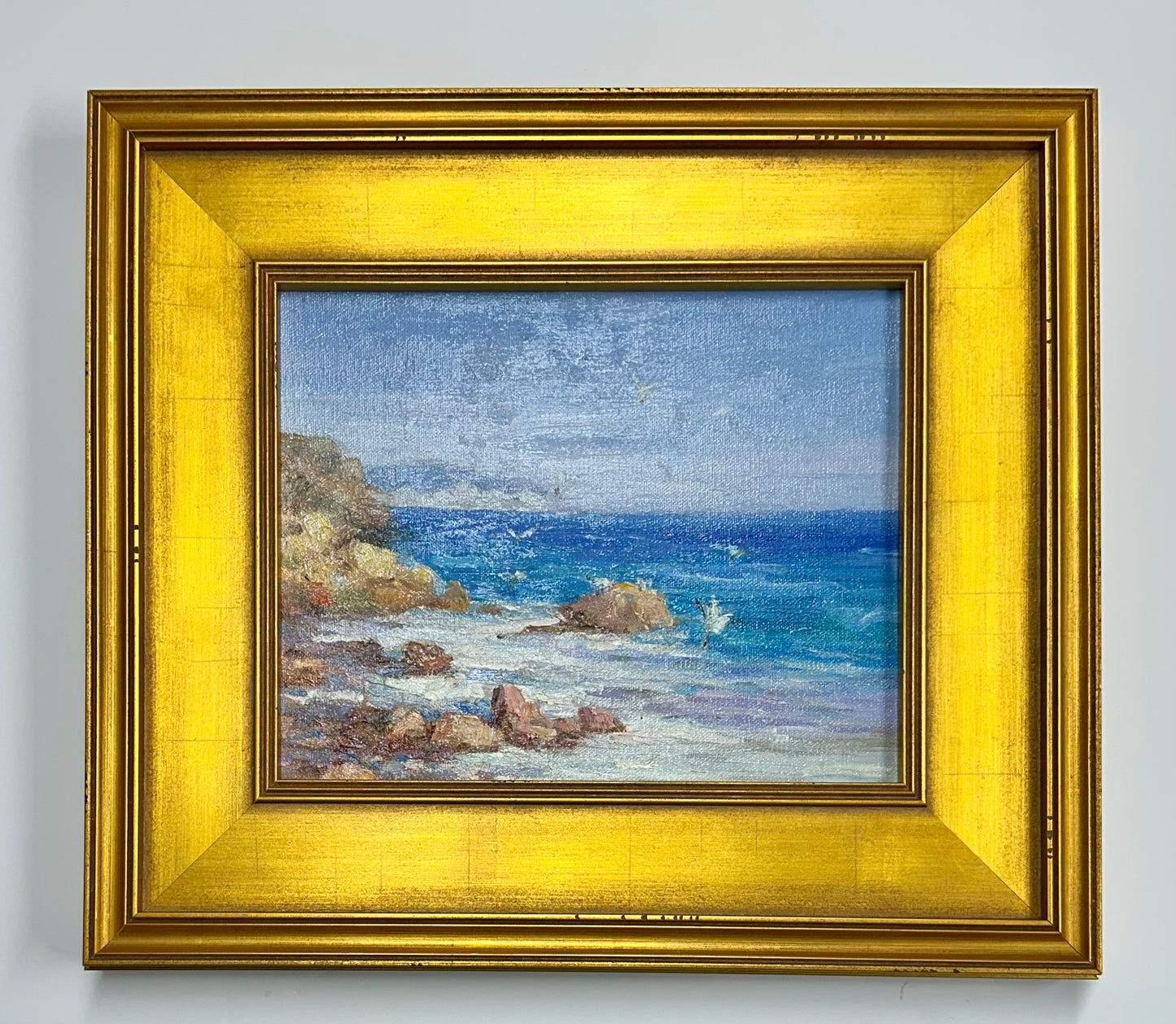 Modern Coastal Original Oil Painting, gold antiqued frame