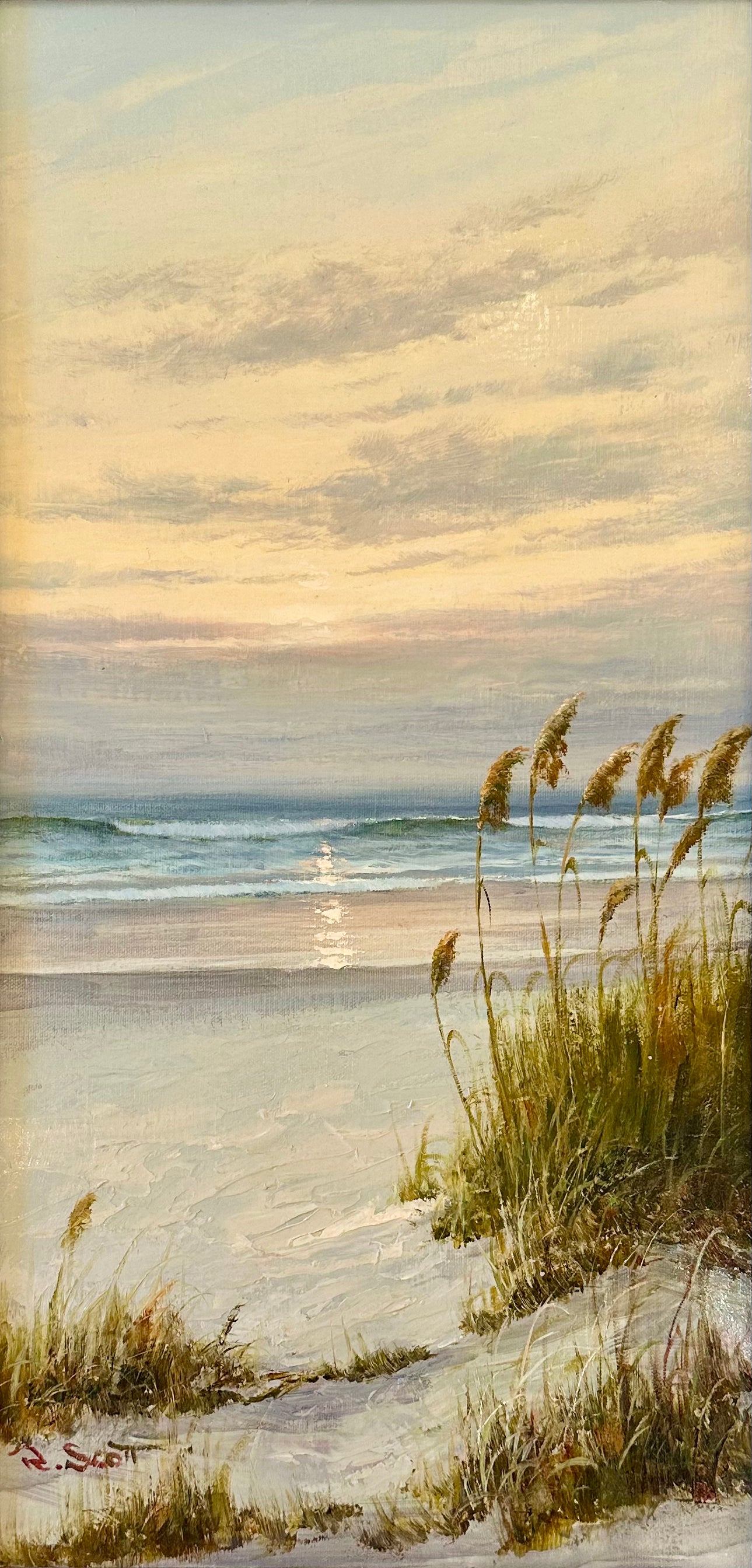 Coastal Beach Dune Sunset Oil Painting by R. Scott (framed)