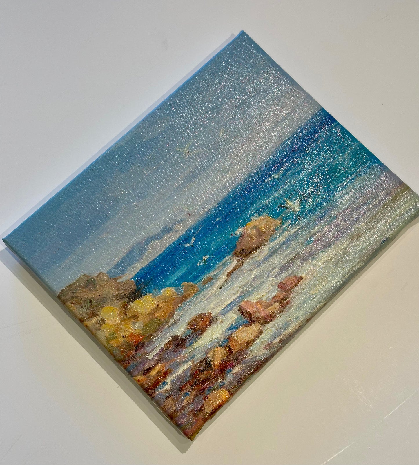 Modern Coastal Original Oil Painting, gold antiqued frame