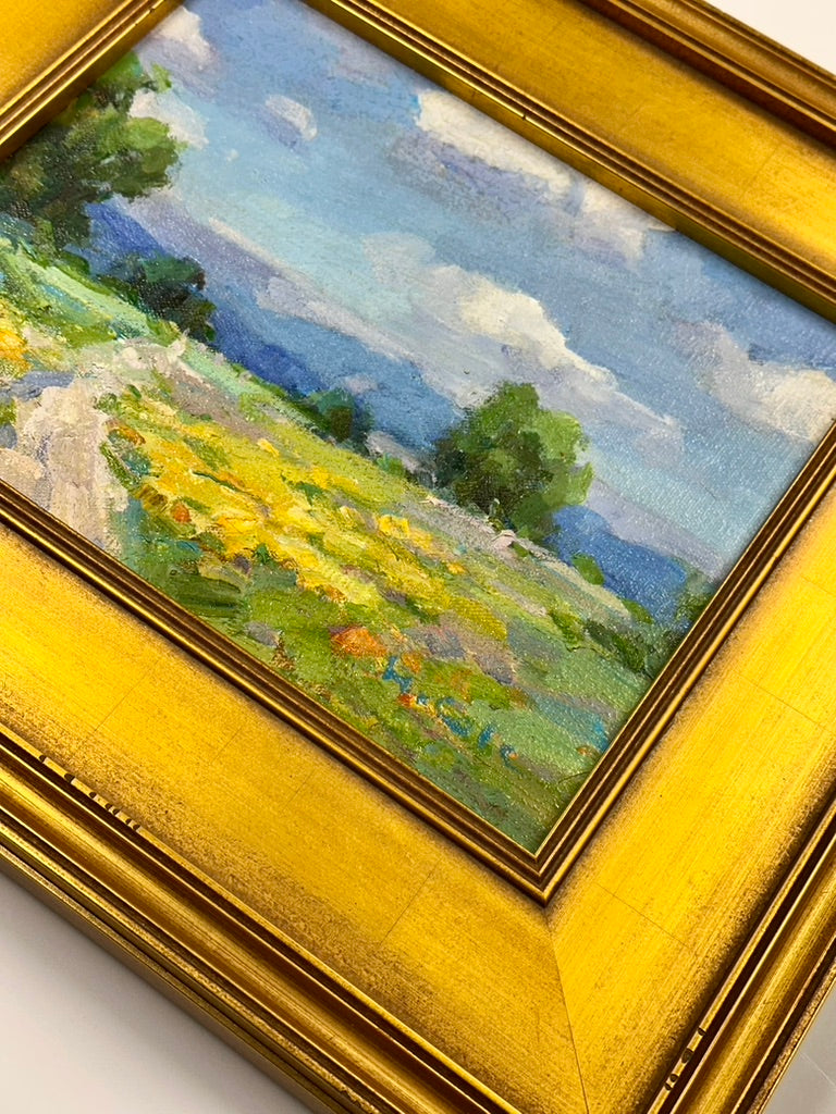 Colorful Meadow Landscape Oil Painting, Displayed in an Antiqued Gold Wood Frame