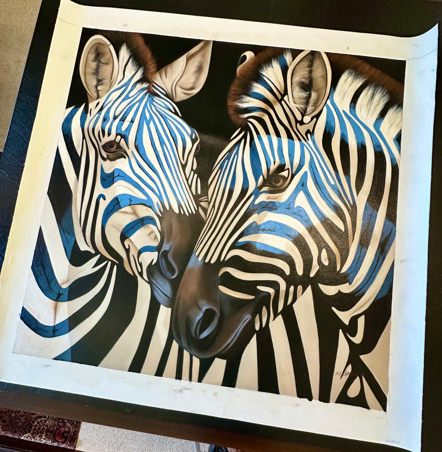 Contemporary Zebra Original Painting in Blue and Black – by P Charles, 36 x 36", Unstretched