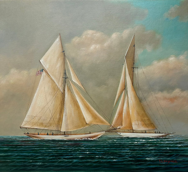 Schooner Yacht Racing Sailing Seascape Oil Painting on Canvas, Unstretched, by D. Tayler