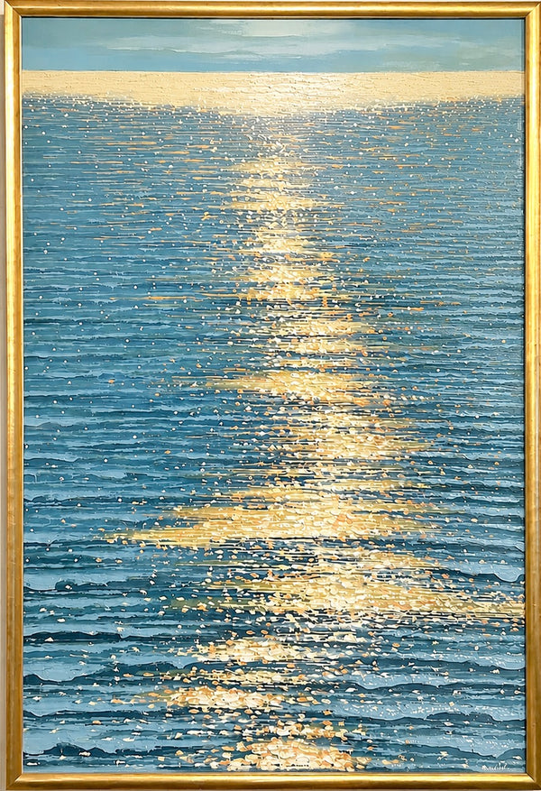 Golden Hour Ocean Reflection | Original Textured Oil Painting — by Samuel H. (24" x 36") | Custom framed