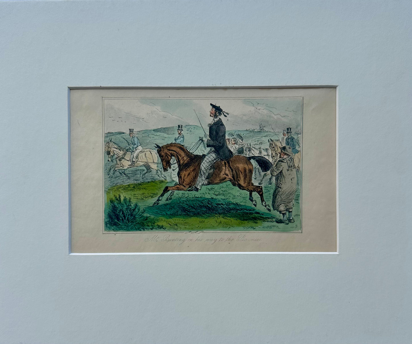 19th Century Hand-Colored English Equestrian Hunting Scene Engraving – “Mr. Bunting on his way to the…” (Fox Hunt Print)