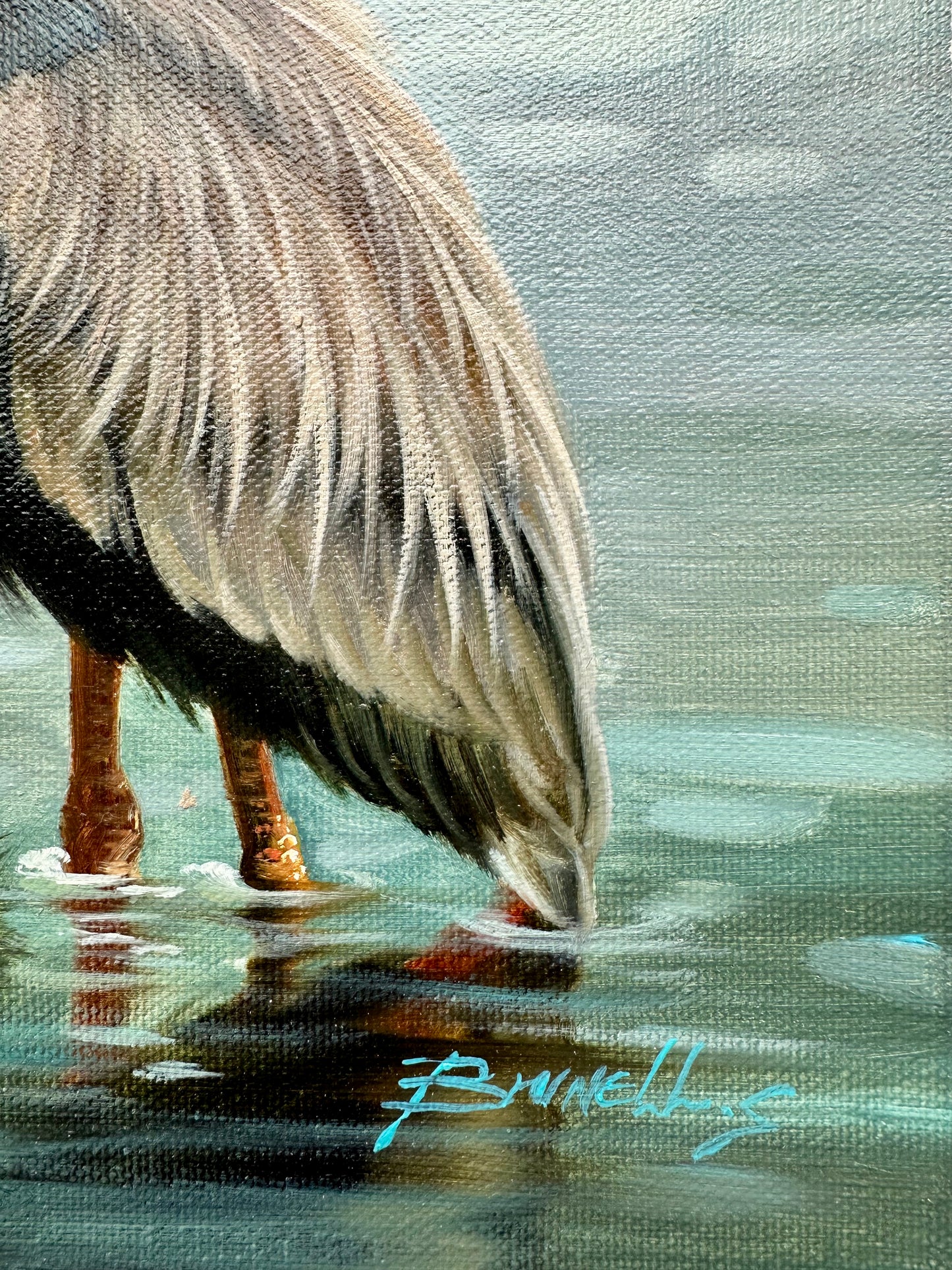 Blue Heron Coastal Original oil on canvas, Unstretched by Brunehylis
