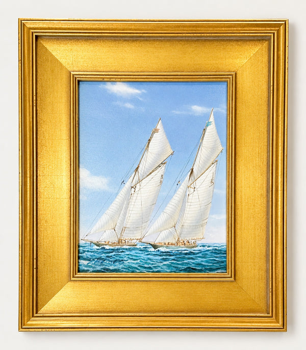 Schooners Cutting Original Sailboat Oil Painting in Custom Gold Frame, 14 x 16" by Matt Thomas