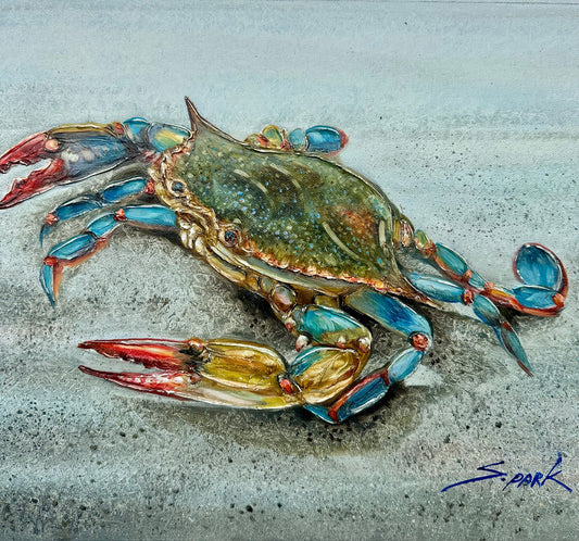Blue Crab Coastal Oil Painting on Canvas, Unstretched, by S. Park