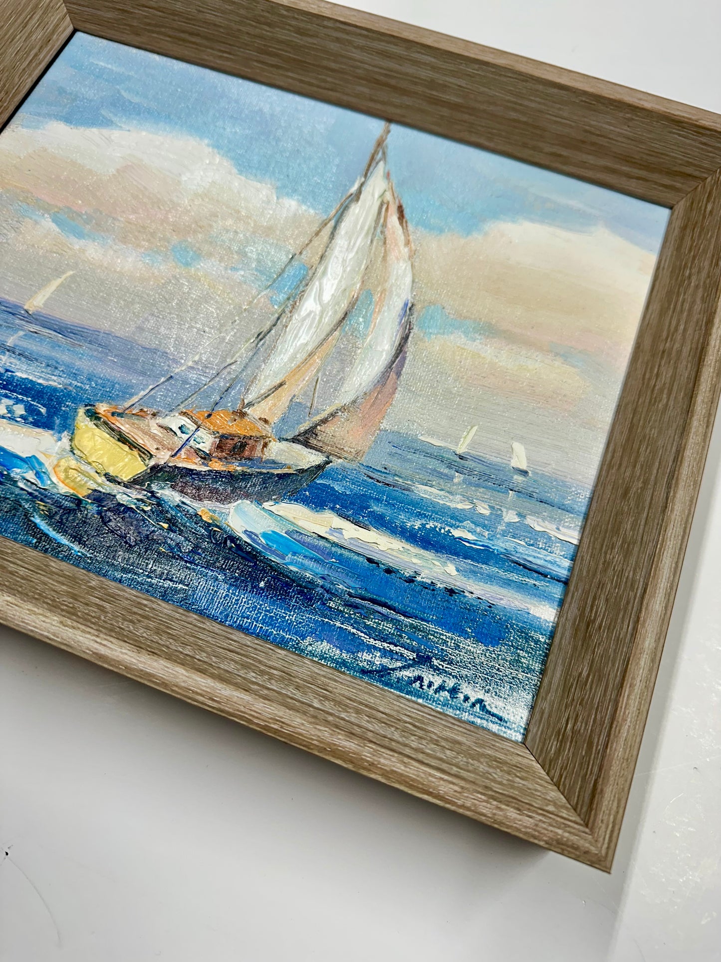Sailboat Seascape Waves Original Oil on Canvas, by Alton (framed)