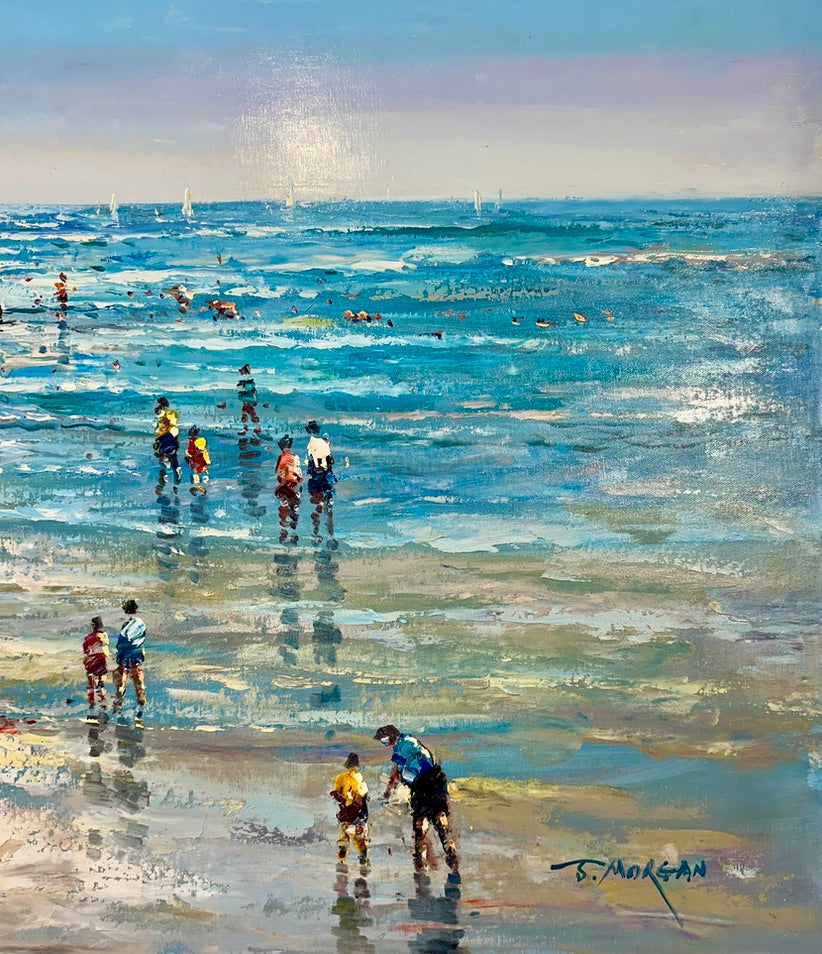 Beach Day Ocean Scene with Figures in Surf, Original Painting By J. Morgan