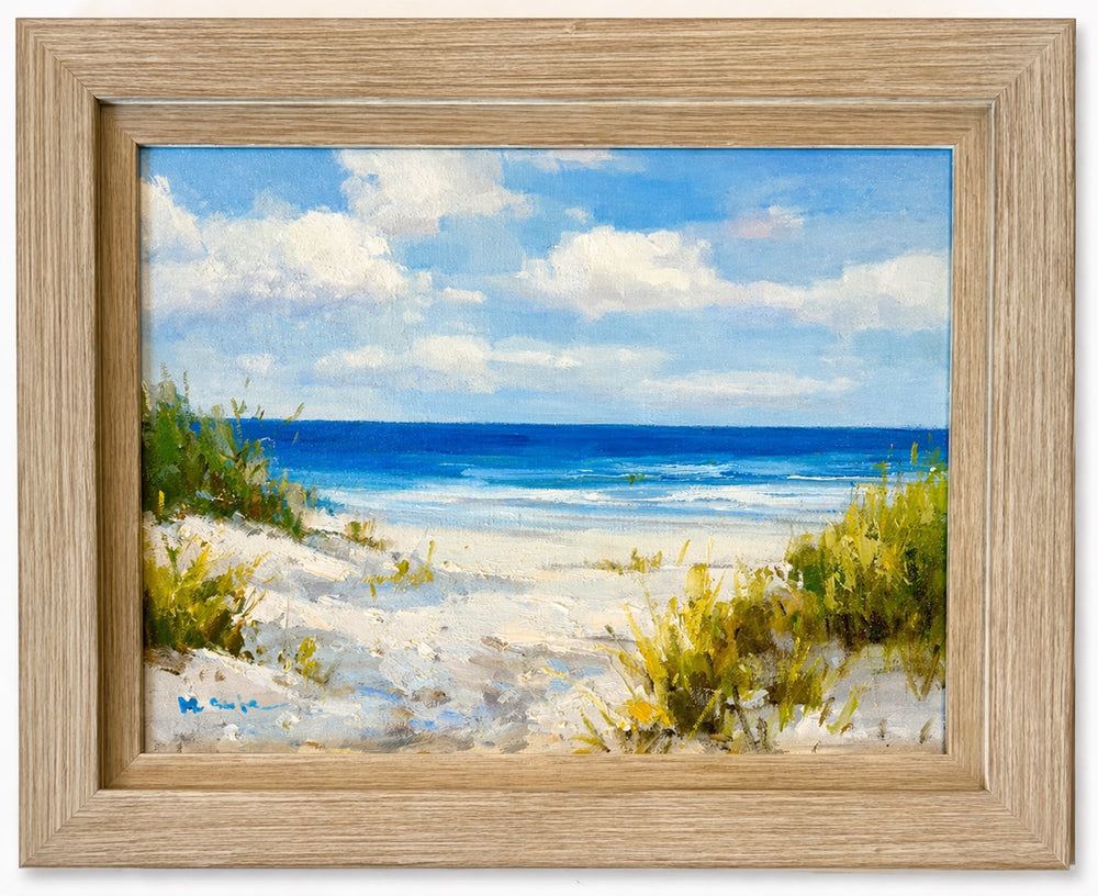 Coastal Beach Dune Seascape Oil Painting on Canvas by H. Cole, framed