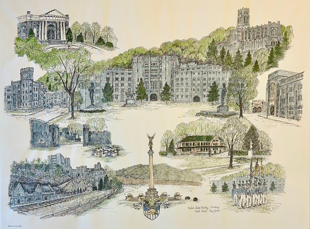 U.S. Military Academy West Point Campus Print by Liz Bryant – Hand-Colored Architectural Illustration, 24” X 18”