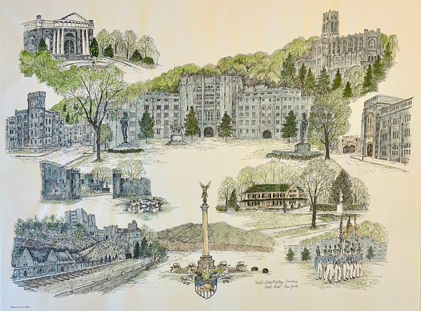 U.S. Military Academy West Point Campus Print by Liz Bryant – Hand-Colored Architectural Illustration, 24” X 18”