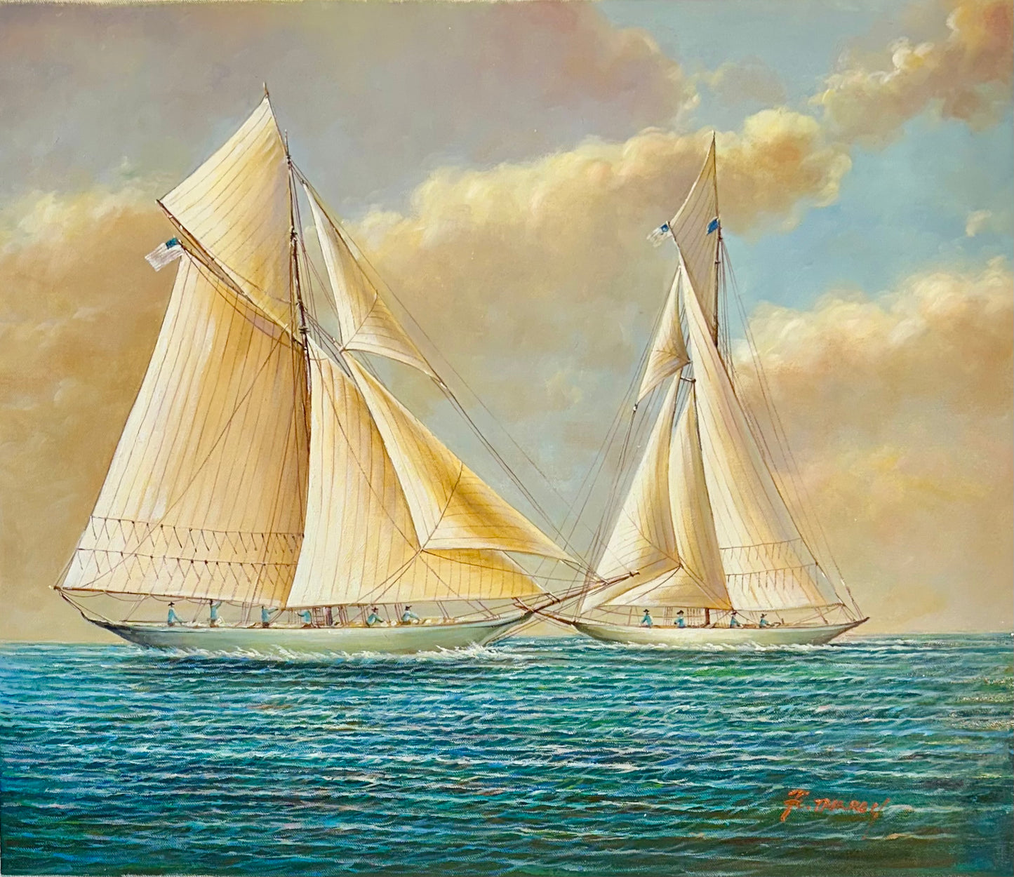Original Nautical Oil Painting of Racing Schooners by F. Tailroy – Yacht Seascape – 20" x 24" Unstretched Canvas