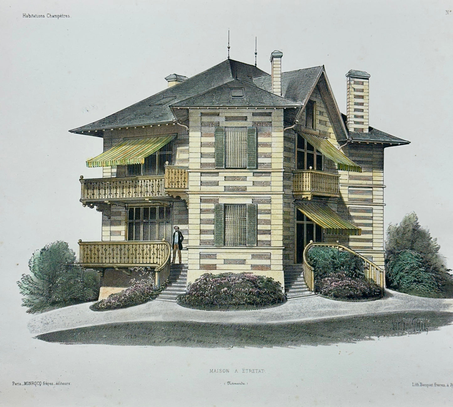 Maison a Etretat (France) Original Lithograph, 1860