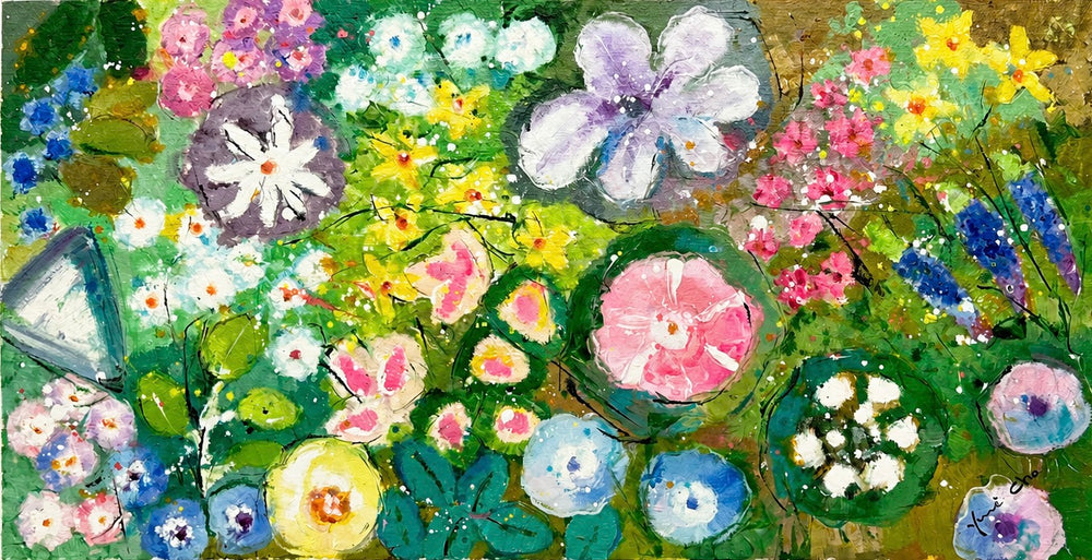 Vibrant Abstract Floral Garden Unstretched Painting on Canvas by Youn Cho | Original 12" x 24"