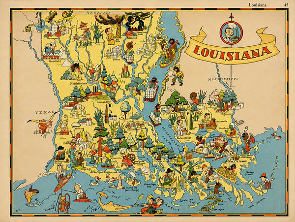 Vintage Louisiana & Gulf Coast Pictorial Map by Taylor, 1935 – Original Map