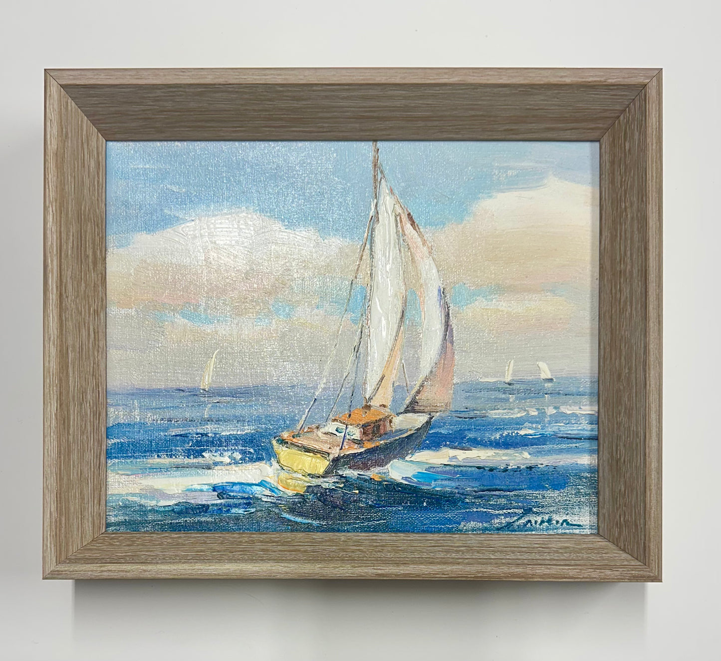 Sailboat Seascape Waves Original Oil on Canvas, by Alton (framed)