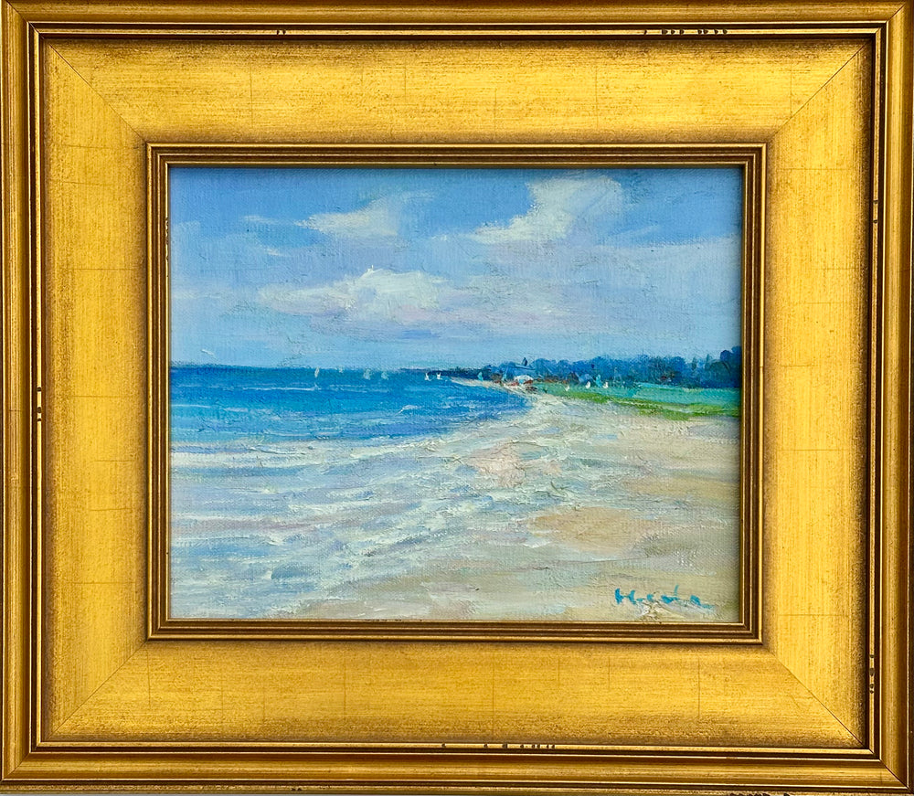 Coastal Sandy Beach & Blue Skies Seascape Oil Painting Including an Antiqued Gold Wood Frame