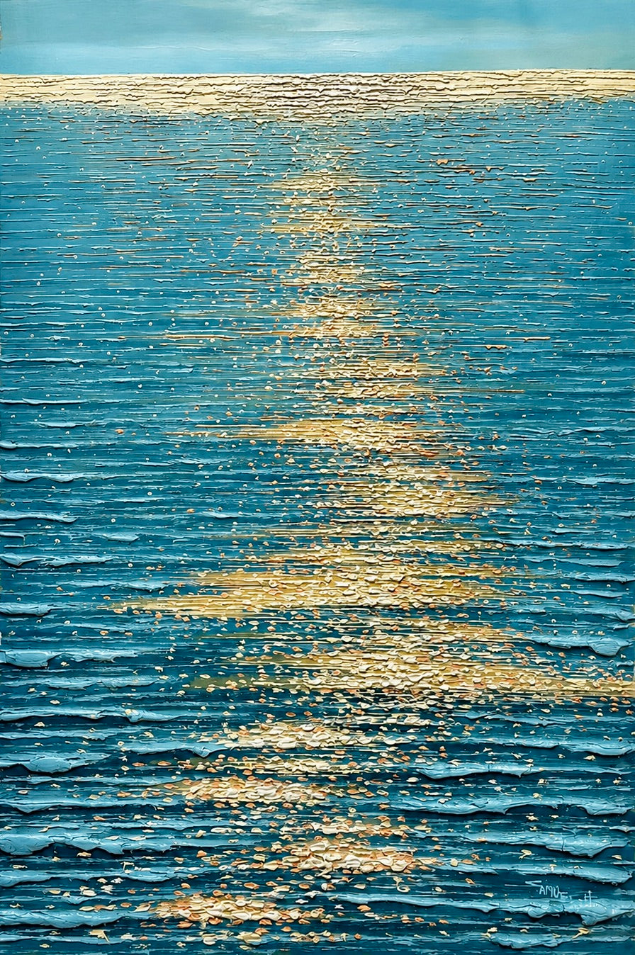 Golden Hour Ocean Reflection | Original Textured Oil Painting — Unstretched, by Samuel H. (24" x 36")