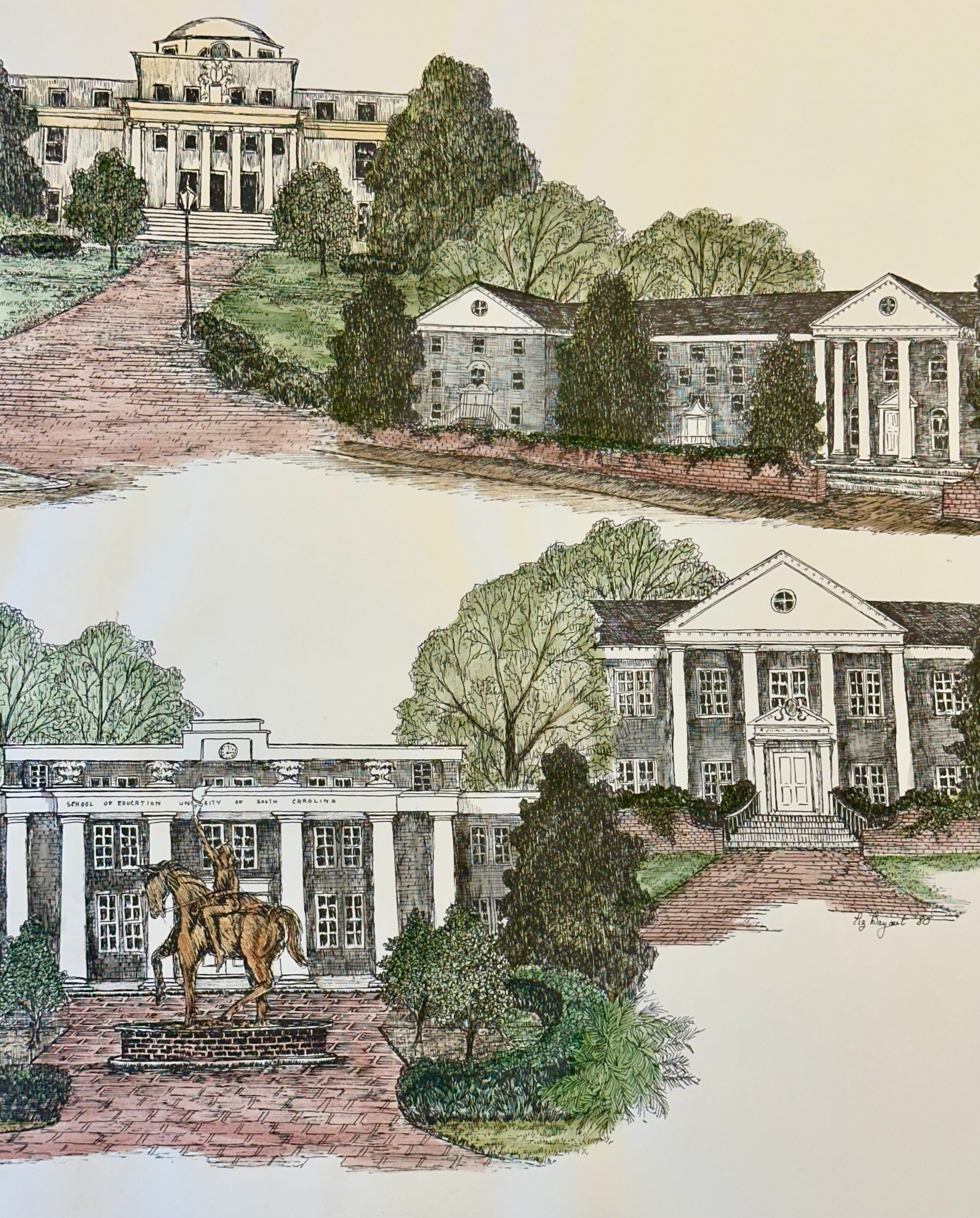 Uofsc Graphics University of South Carolina Campus Print by Liz Bryant – Hand-Colored ...