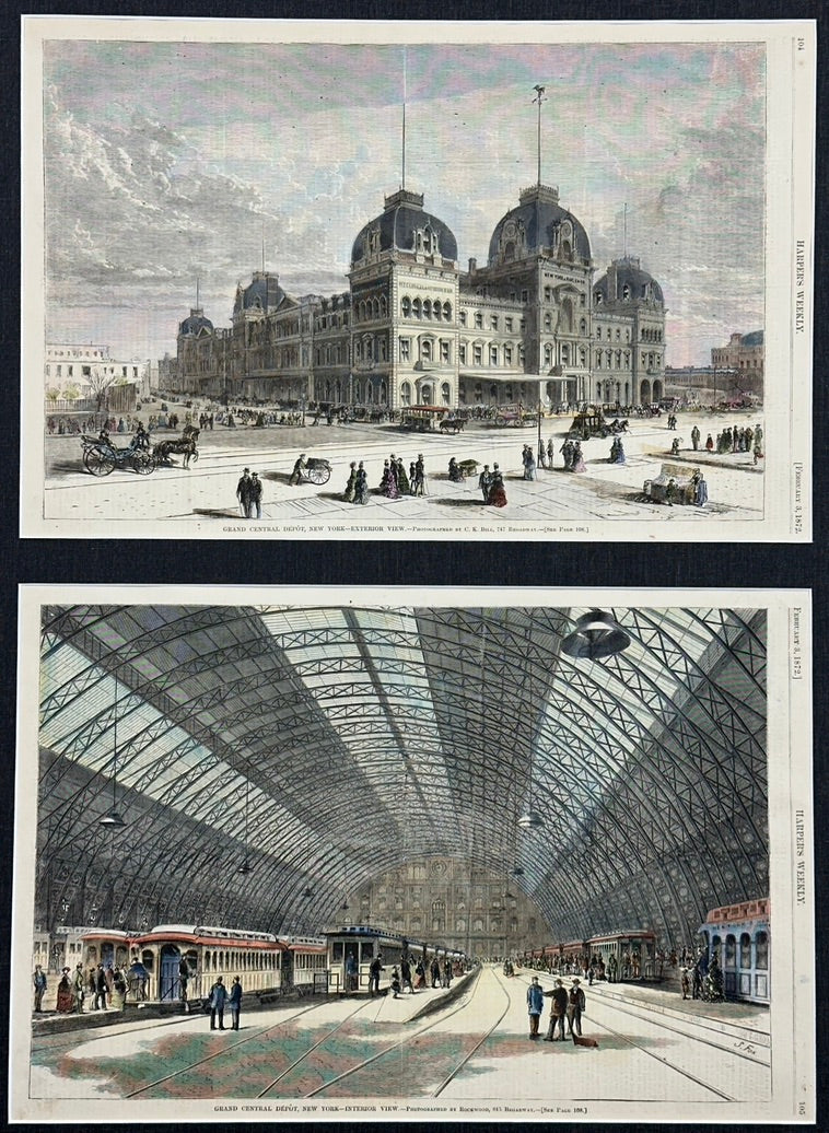 Grand Central Station New York City Pair of Prints (Interior & Exterior Views), 1872