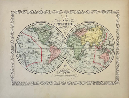 Double hemisphere map of the World, by Charles Desilver, 1856
