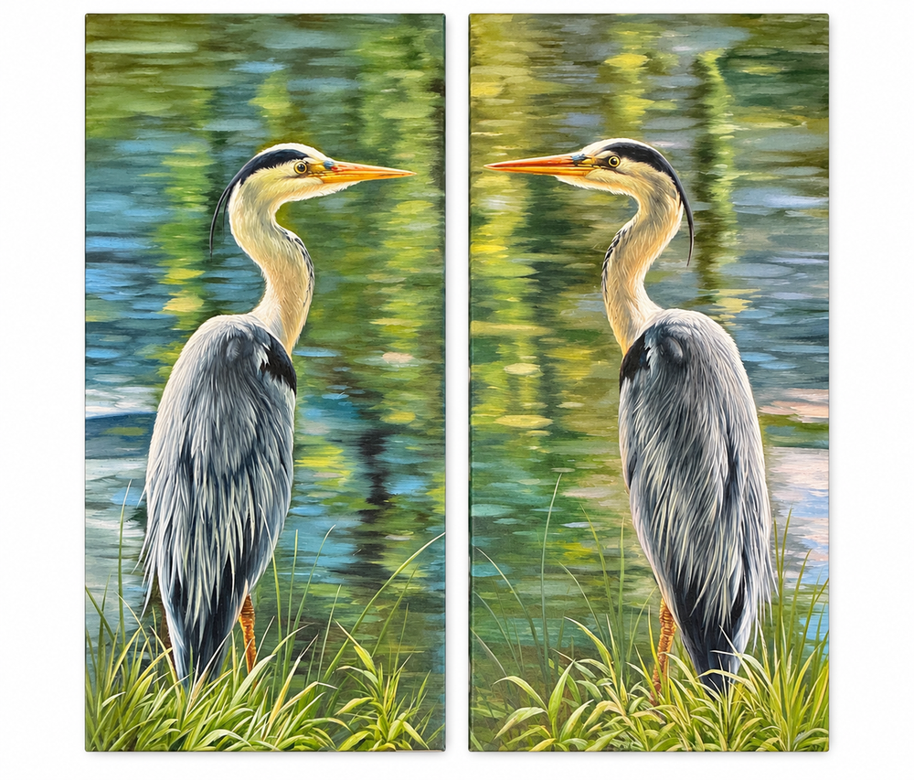 Pair of Great Blue Heron Coastal Paintings on Canvas – 18 x 24" Each