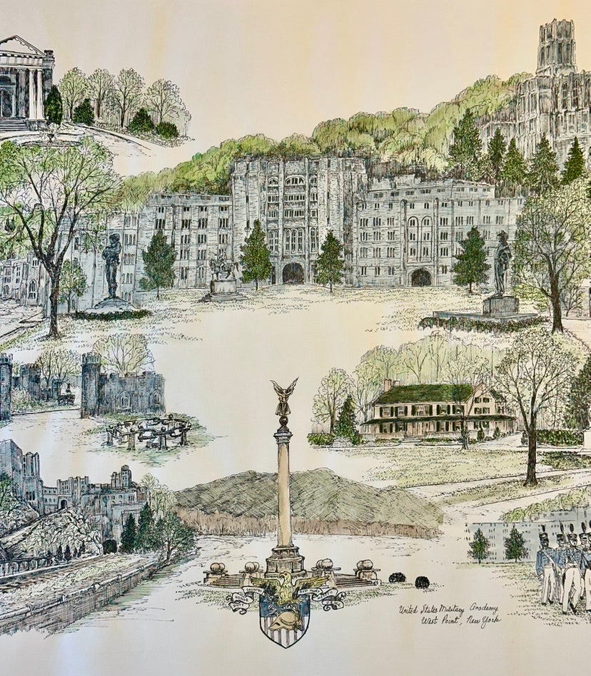 U.S. Military Academy West Point Campus Print by Liz Bryant – Hand-Colored Architectural Illustration, 24” X 18”