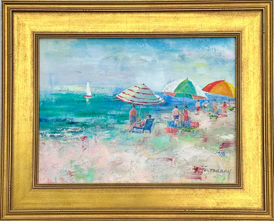 Beach Umbrella Scene, Original Oil on Canvas by Tailroy (framed)