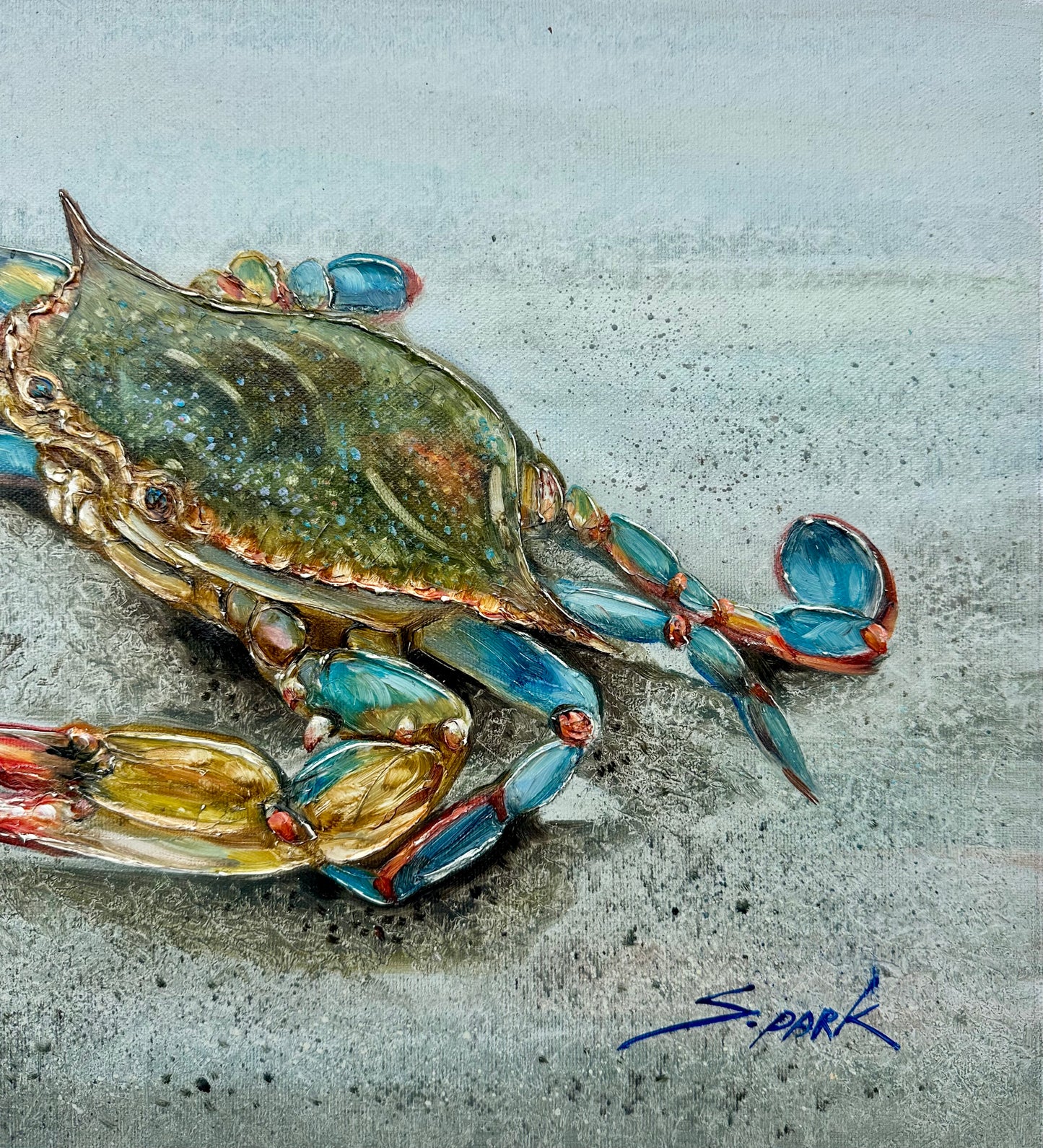 Blue Crab Coastal Oil Painting on Canvas, Unstretched, by S. Park