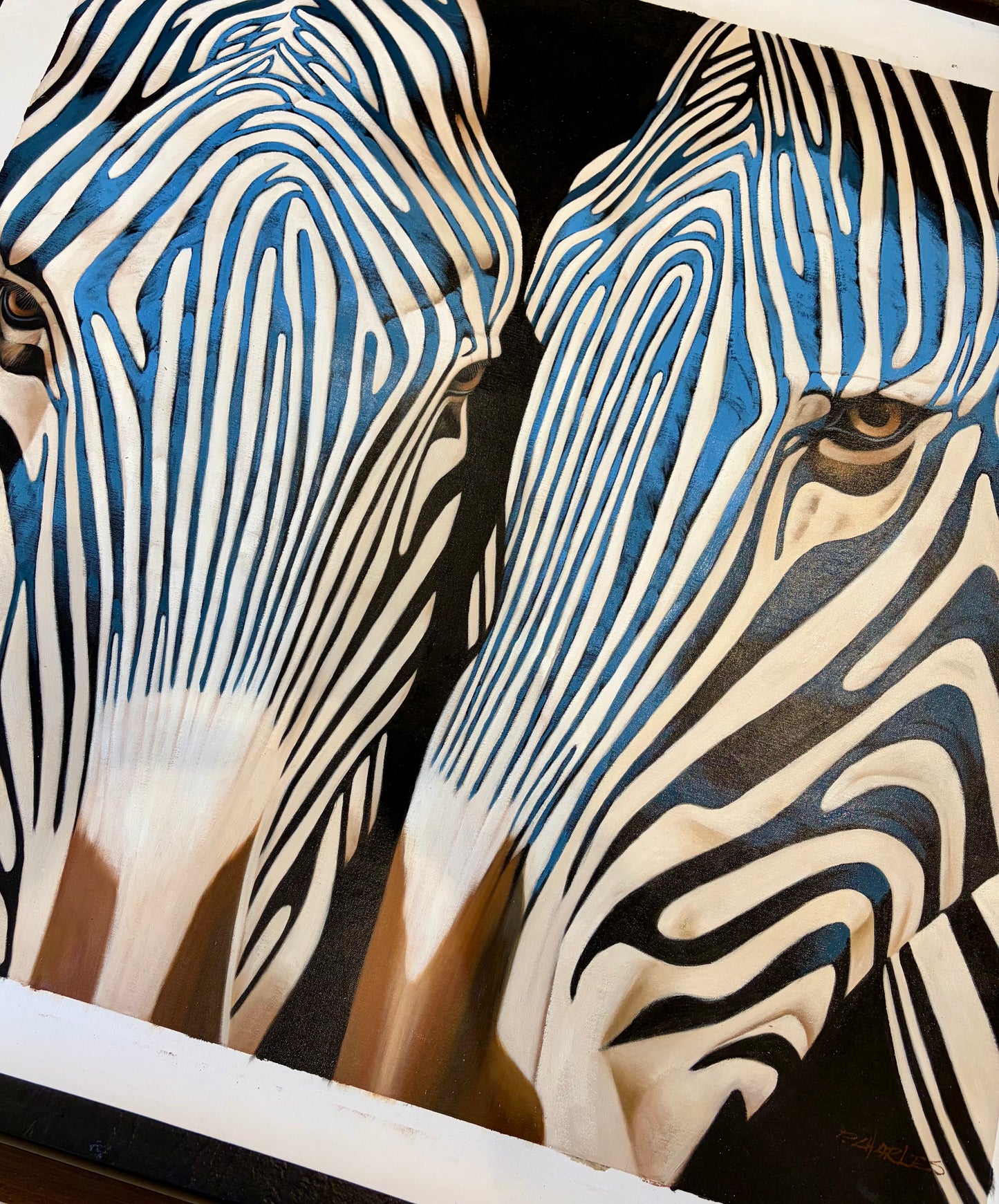 Contemporary Blue Zebra Double Portrait Painting – Original Oil by P. Charles on Unstretched Canvas, 40" x 40"