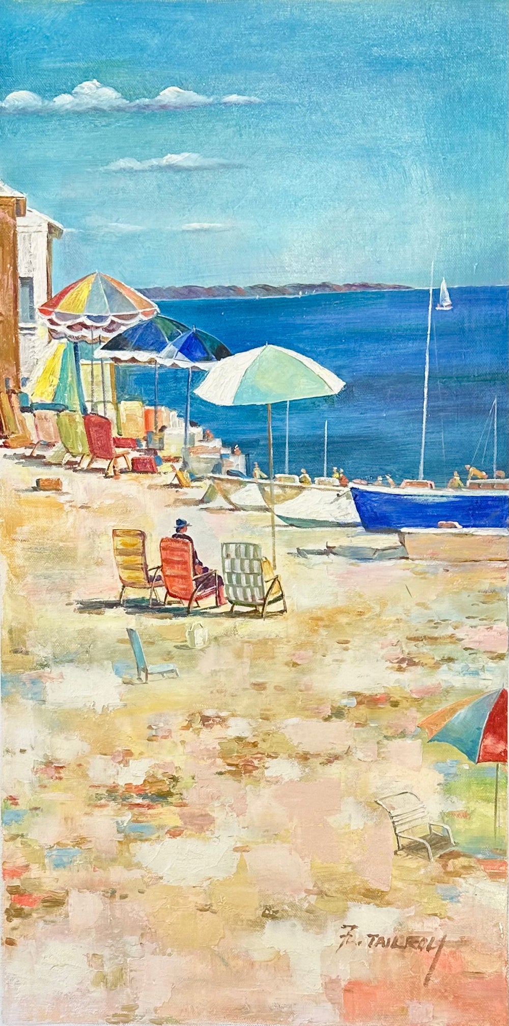 Coastal Beach Scene with Umbrellas Boats – Original vertical painting by Tailroy, unstretched (12.5" x 25")