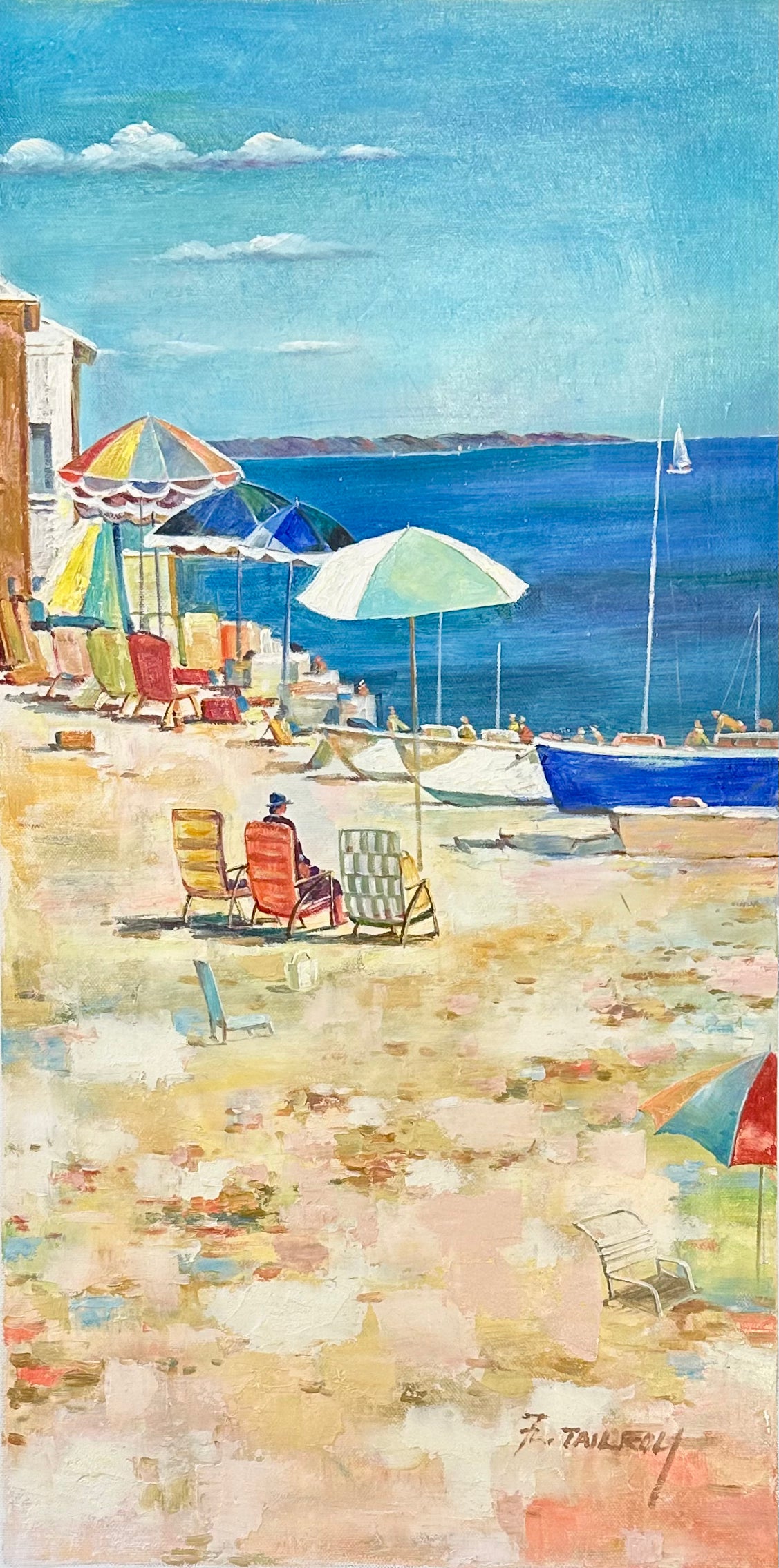 Coastal Beach Scene with Umbrellas Boats – Original vertical painting by Tailroy, unstretched (12.5" x 25")