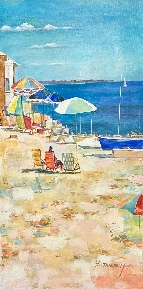 Coastal Beach Scene with Umbrellas Boats – Original vertical painting by Tailroy, unstretched (12.5" x 25")
