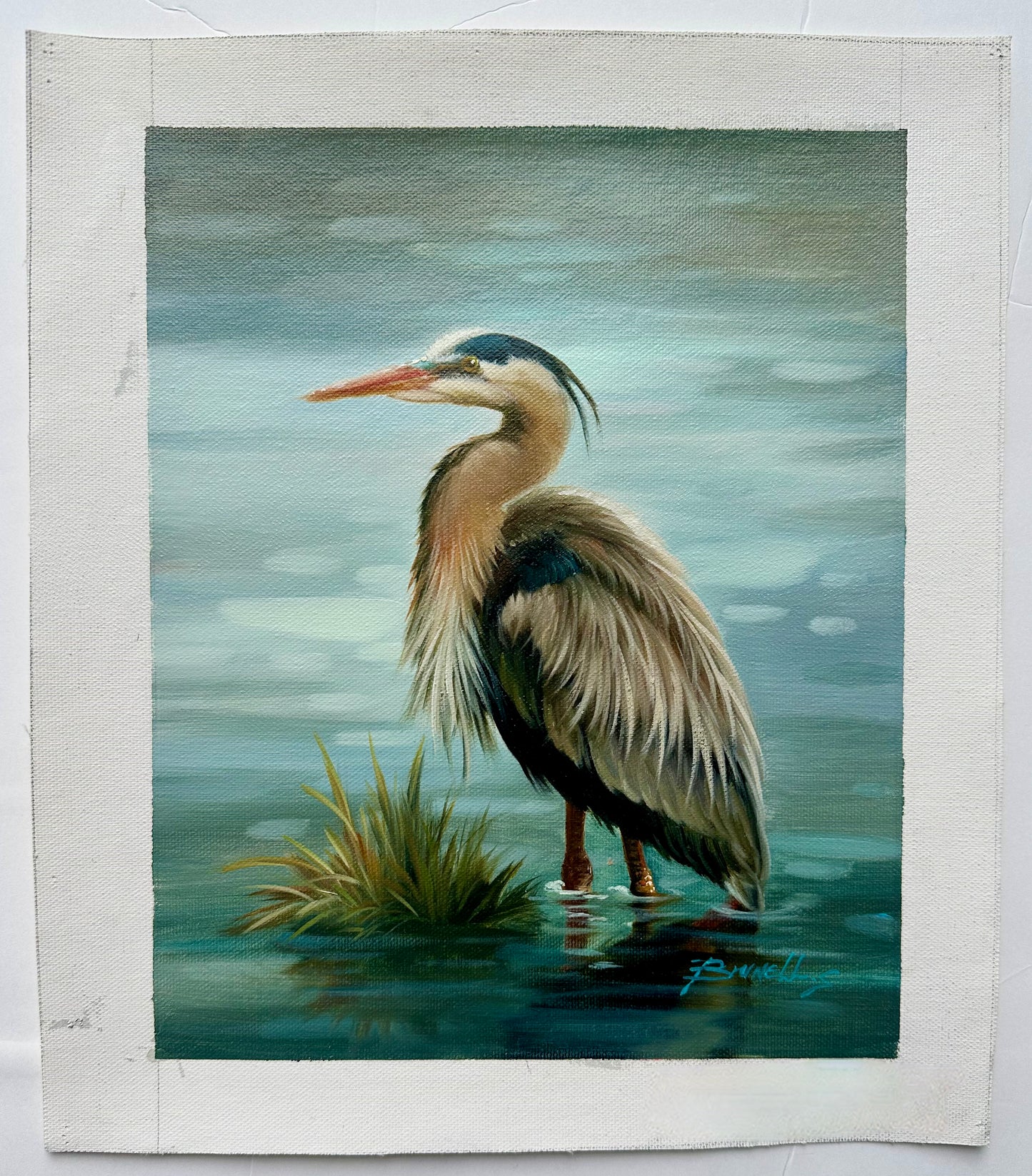 Blue Heron Coastal Original oil on canvas, Unstretched by Brunehylis