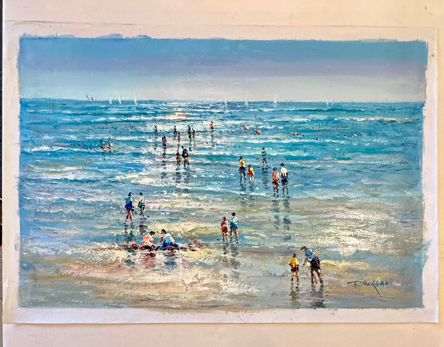 Beach Day Ocean Scene with Figures in Surf, Original Painting By J. Morgan