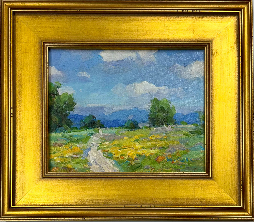 Colorful Meadow Landscape Oil Painting, Displayed in an Antiqued Gold Wood Frame