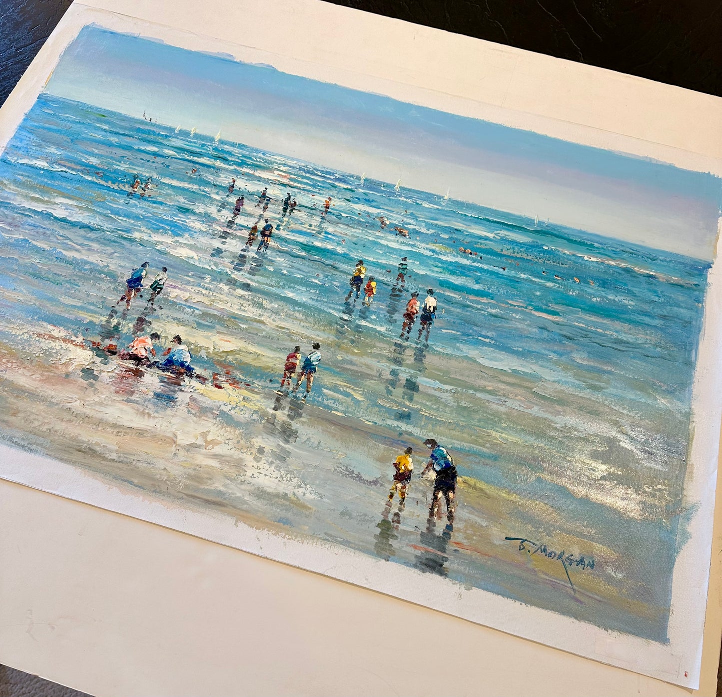 Beach Day Ocean Scene with Figures in Surf, Original Painting By J. Morgan