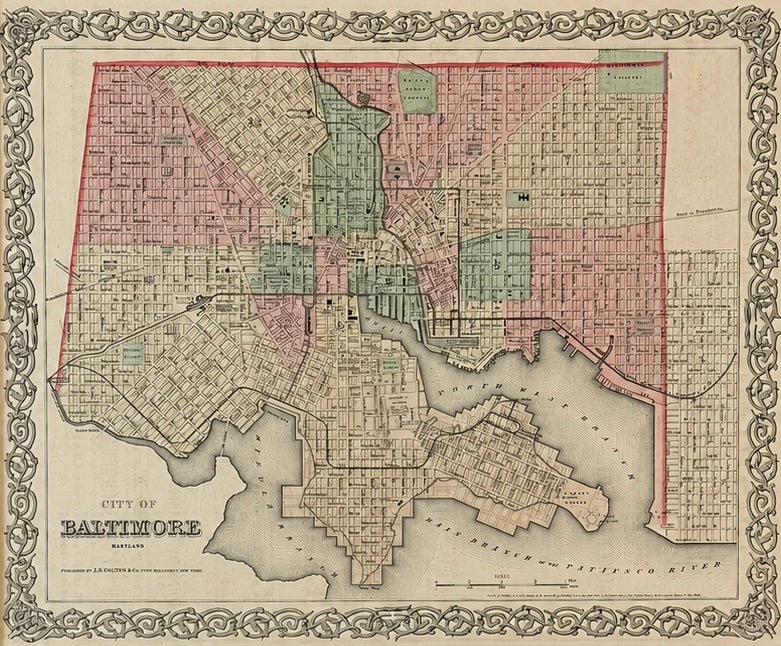 Antique Baltimore, Maryland City Map | Hand-Colored Engraving | Custom Framed