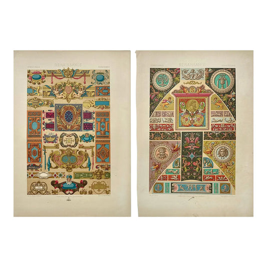 1873 Racinet L'Ornement Polychrome Chromolithographs – Renaissance Ornament Prints, Pair