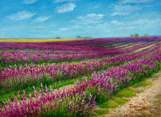 Lavender Fields Landscape Oil Painting on Canvas, Unstretched, by Humprey