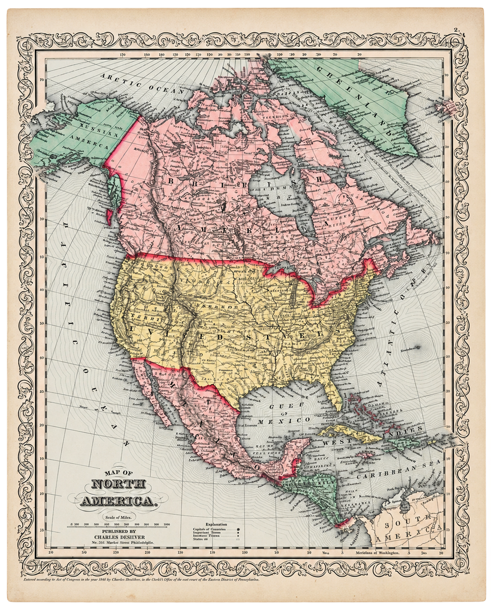 North America Map by Charles DeSilver, 1858