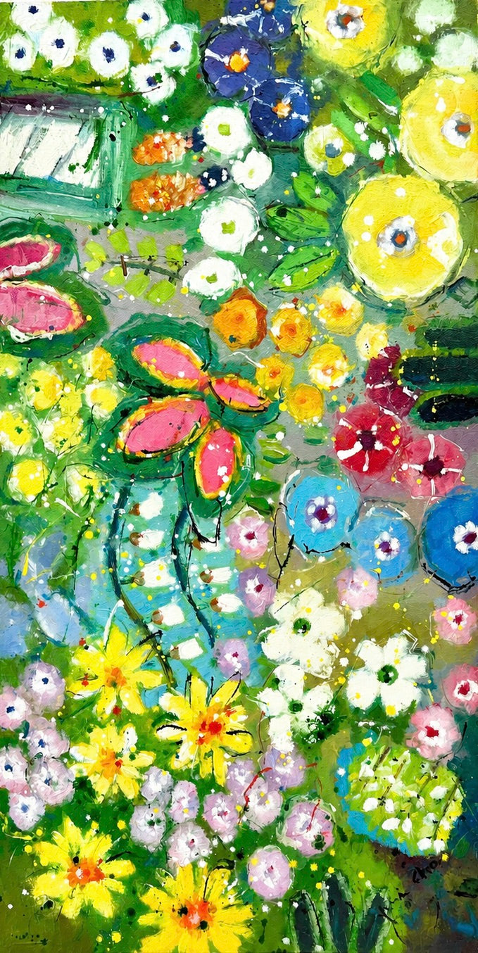 Modern Abstract Floral Garden Painting by Youn Cho | Original Unstretched Canvas, 12" x 24"