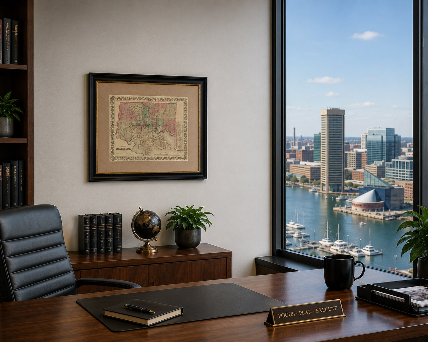Antique Baltimore, Maryland City Map | Hand-Colored Engraving | Custom Framed