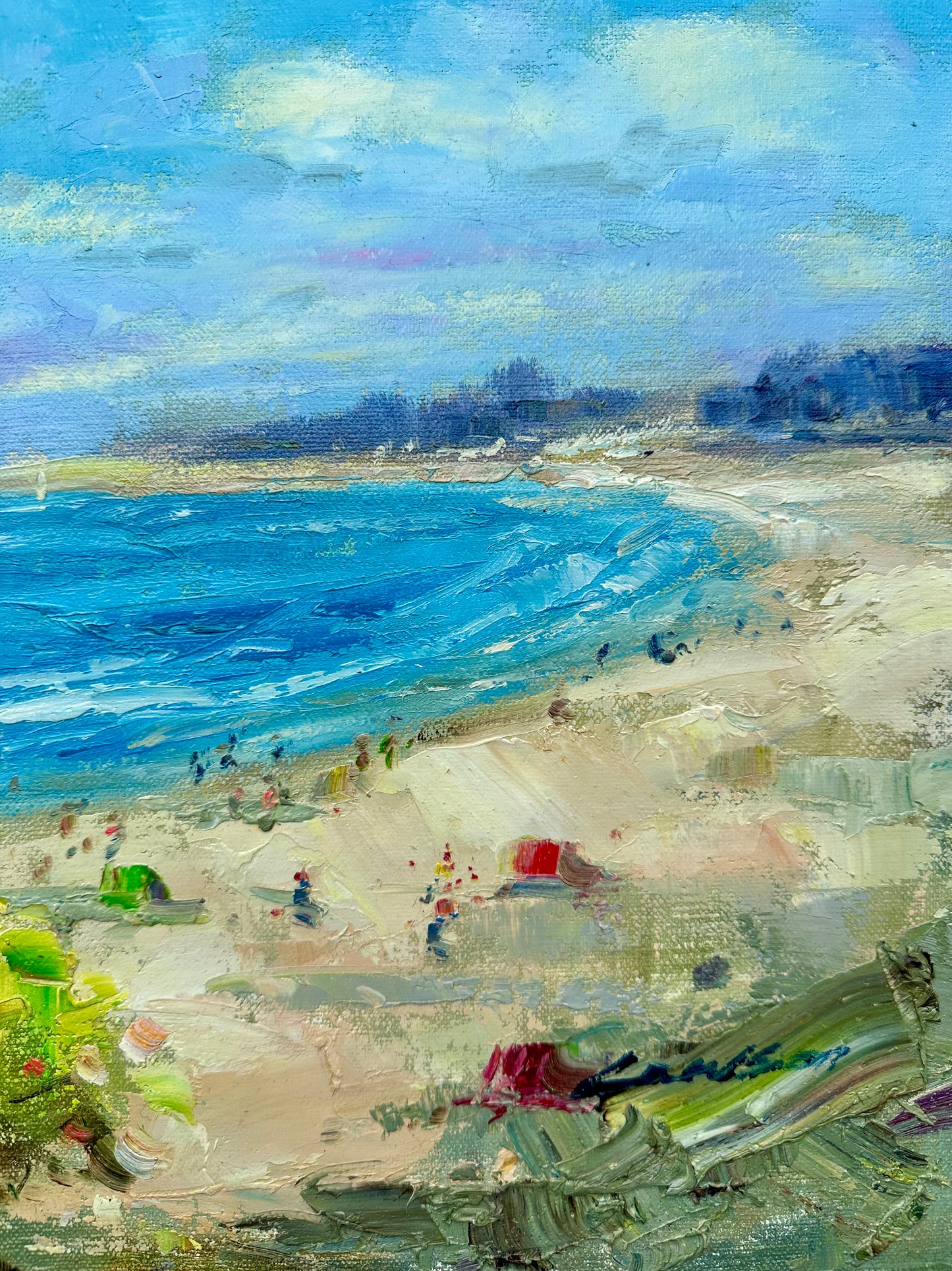 Beach Coastal Scene Sailboats Oil Painting on Canvas, Unstretched, by Lambdom