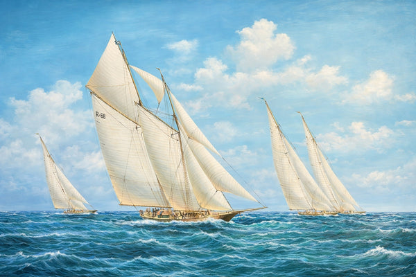 Yacht Sailing Schooners at Sea Original Painting – by Matt Thomas (24" x 36"), Unstretched