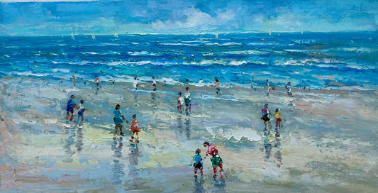 Contemporary Ocean Beach scene painting, Unstretched, By J. Morgan
