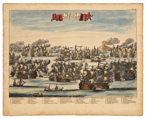 Battle of Agosta (Augusta), Sicily (Mount Etna) | Original Hand-Colored Copperplate Engraving by Daniël Stoopendaal, 1676